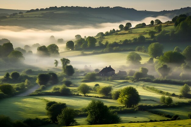 Photo golden hour glory over quaint countryside settlement nestled in wooded hills