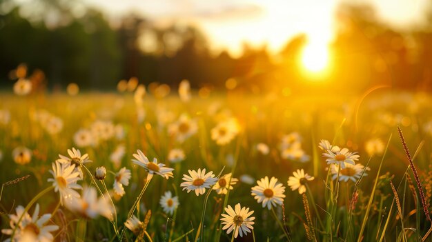 Golden hour glow on grassy meadow with white daisy blooms in focus during sunset and sunrise