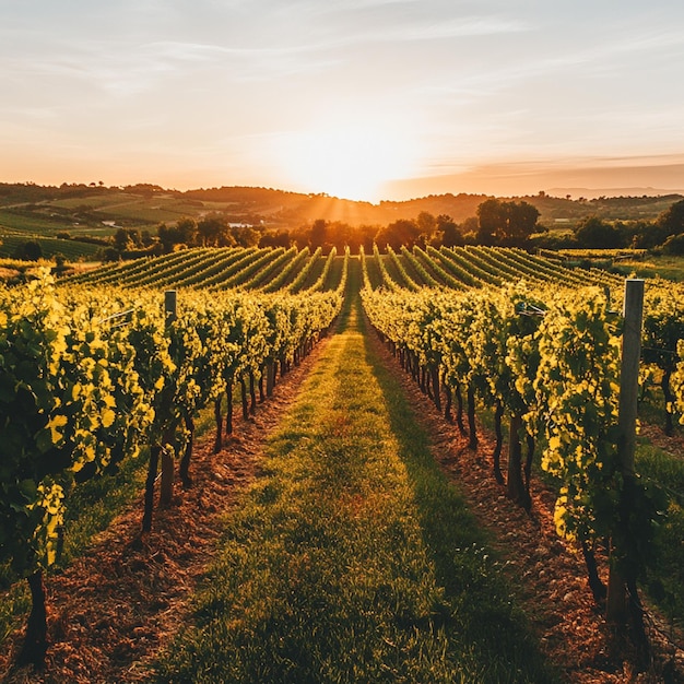 Golden hour illuminating a vineyard with rows of grapevines