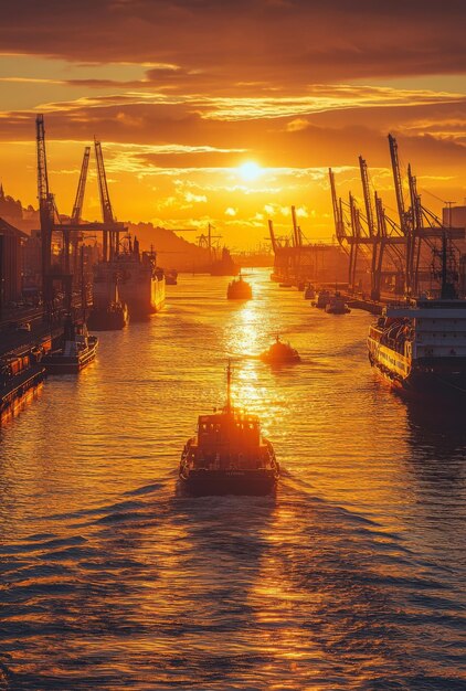 Photo golden hour light over the harbor during sunset casting warm hues on the water and creating a serene atmosphere with ships and cranes silhouetted against the sky