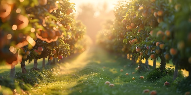 Photo golden hour at a local fruit farm peach trees in a blurred orchard concept golden hour photography local fruit farm blurred background peach trees outdoor portraits