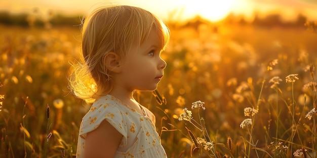 Golden Hour A Nostalgic and Serene Scene of a Child in a Field at Sunset Concept Child Photography Golden Hour Photos Outdoor Portraits Nostalgic Scenes