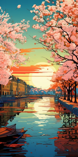 Golden Hour In Old Town Cherry Blossoms Of Stockholm In Ukiyoe Style