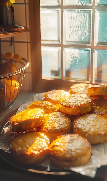 The golden hour paints a warm honeyed hue over a plate of pastries