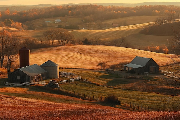 Golden Hour Panoramic View of a Serene Farm