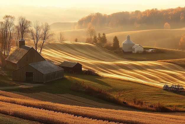 Golden Hour Panoramic View of a Serene Farm