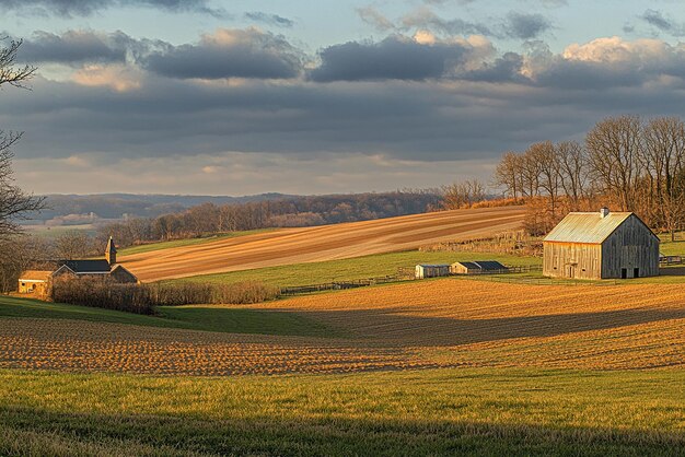 Photo golden hour panoramic view of a serene farm