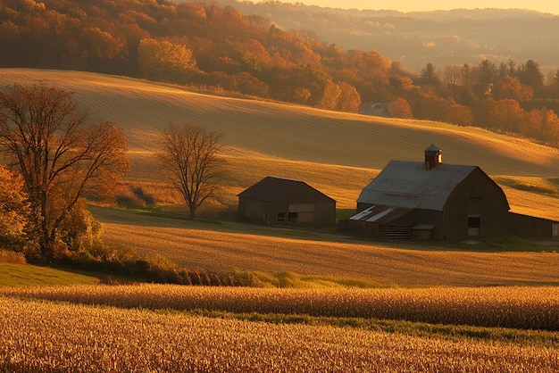 Golden Hour Panoramic View of a Serene Farm