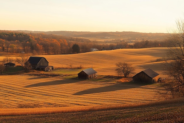 Golden Hour Panoramic View of a Serene Farm