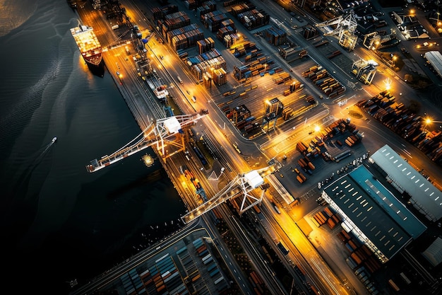 Golden hour photo of the New Jersey Dockyard in Upper Bay New York City Numerous cranes gantries