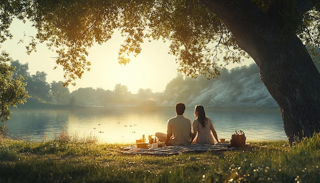 Photo golden hour picnic serenity under the tree