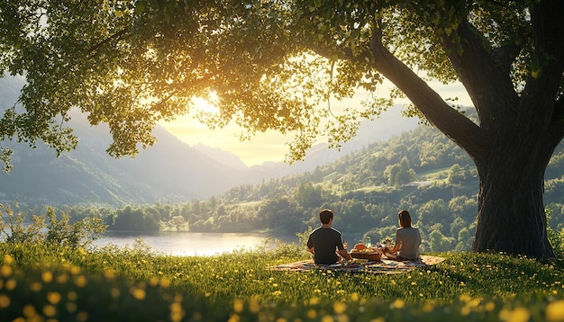 Golden Hour Picnic Serenity Under the Tree