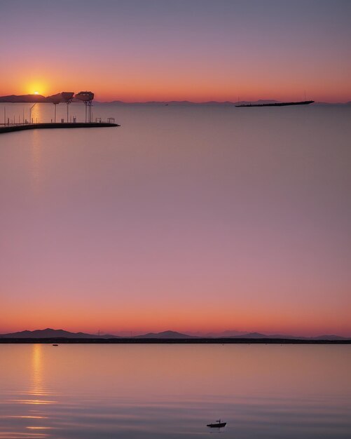 Golden hour pink orange and violet light sunset over the Mar menor spaire flections on the water