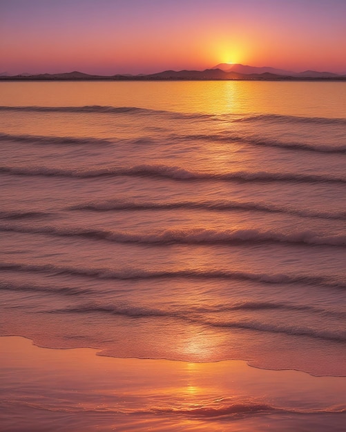 Golden hour pink orange and violet light sunset over the Mar menor spaire flections on the water