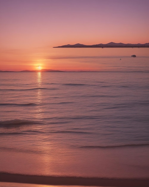 Golden hour pink orange and violet light sunset over the Mar menor spaire flections on the water