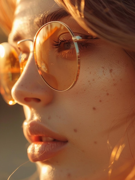 Photo golden hour portrait stylish woman with sunglasses and natural beauty