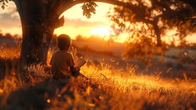 Photo golden hour reading a boys tranquil escape