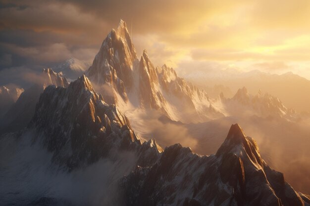 Photo golden hour on snowy mountain peaks