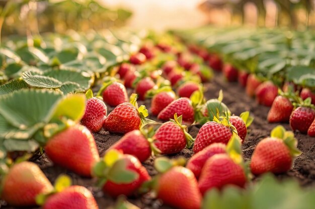 Golden Hour Strawberries Rows of fresh organic strawberries in greenhouses bathed in warm colors