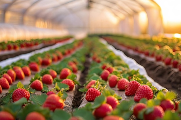 Golden Hour Strawberries Rows of fresh organic strawberries in greenhouses bathed in warm colors