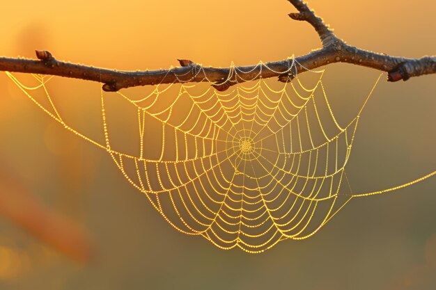 Photo golden hour sunlight illuminating a delicate spider web on a branch