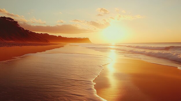 Photo golden hour sunrise over a beach with waves and a cliff