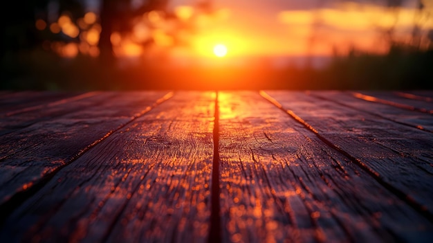 Photo golden hour sunset background with empty wooden deck perspective