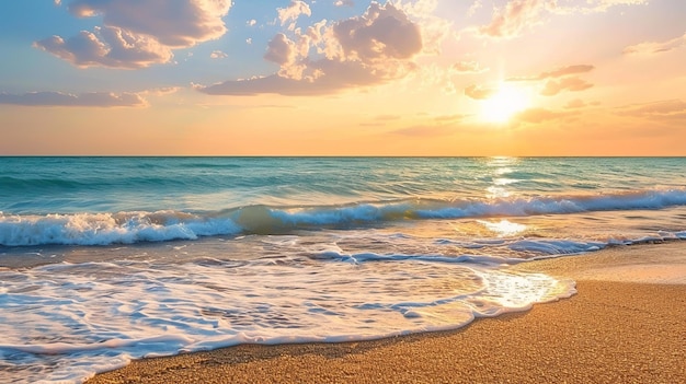 Golden Hour Sunset Over Ocean Waves on Sandy Beach