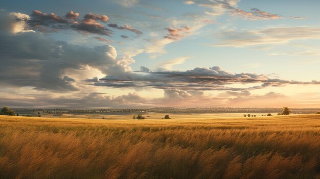 Golden Hour Sunset Over Wheat Field With Delicate Landscape Style