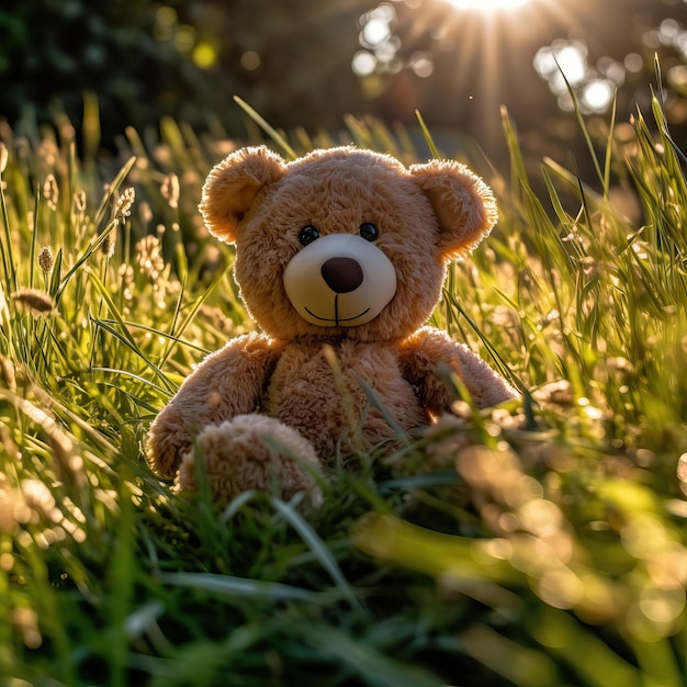 Golden Hour Teddy Bear Laying in Grass AI Generated