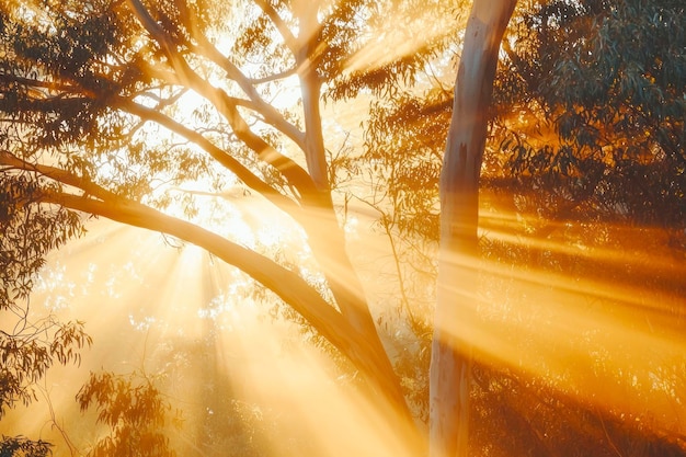 Photo golden hour tree light sunbeams stream through branches of eucalyptus forest