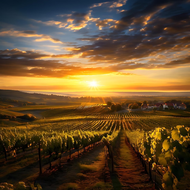 Golden hour over a vineyard