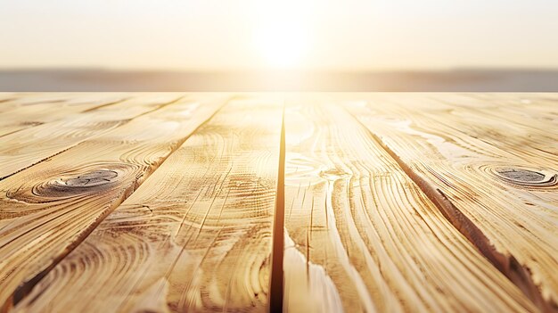 Photo golden hour wooden tabletop with sunset backdrop