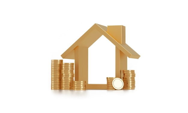 Golden house next to stack coins on white background Protect money in real estate