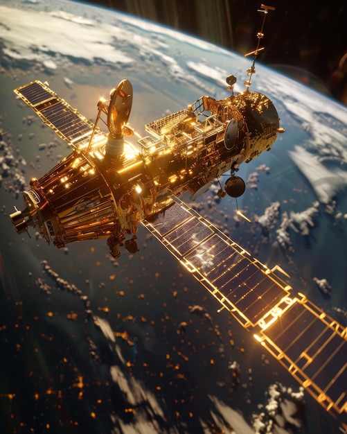 Golden Hubble Space Telescope orbiting Earth Majestic Hubble Space Telescope rendered in golden hues against the backdrop of planet Earth