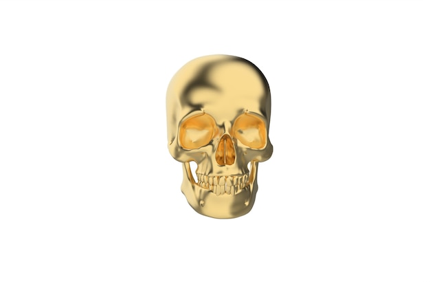 Golden human skull on white background