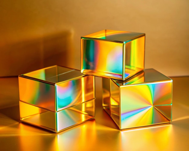 Golden iridescent packaging boxes in vibrant light reflective golden boxes with holographic