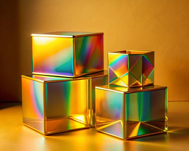 Golden iridescent packaging boxes in vibrant light reflective golden boxes with holographic