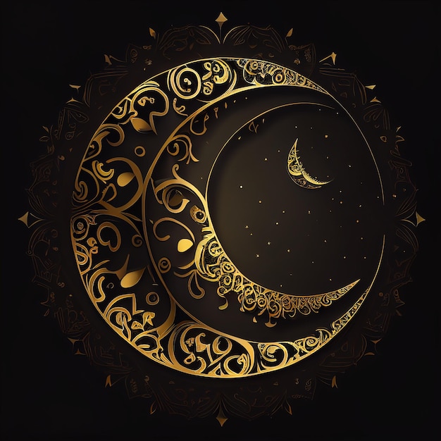 Golden Islamic crescent with a dark background