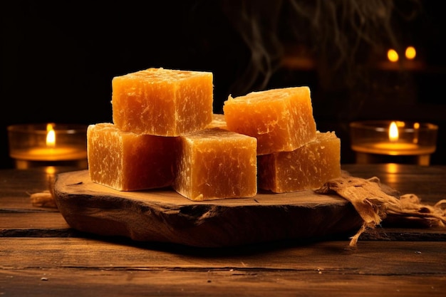 Golden jaggery blocks with a natural finish yummy delicious jaggery food image photography