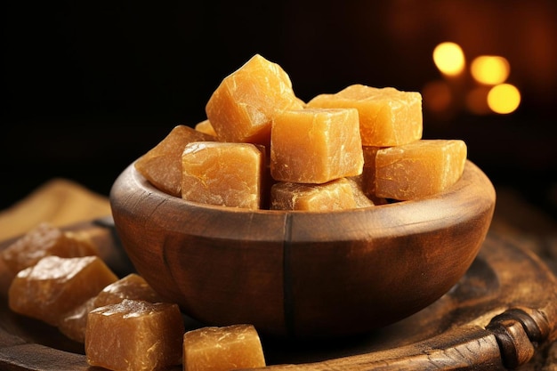 Golden jaggery blocks in a wooden bowl yummy delicious jaggery food image photography