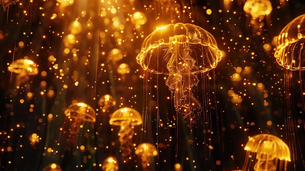 Golden Jellyfish in a Glowing Underwater World