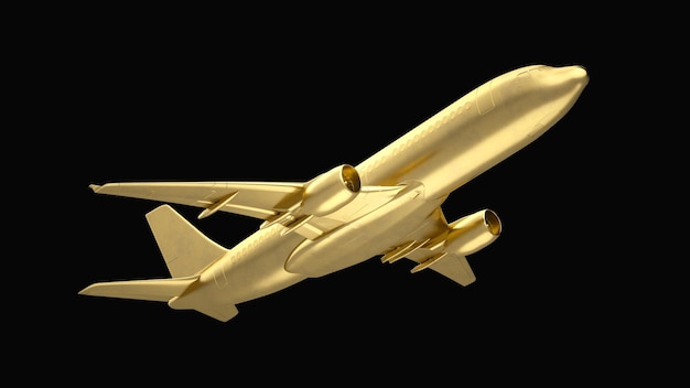 Golden jet passenger39s airplane on a black background 3d Rendering