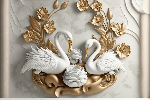 Golden jewelry flowers and swans on marble.