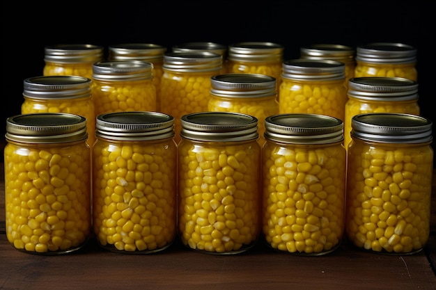 Golden kernels of canned corn neatly preserved in glass jars capturing the essence of farmfresh goodness