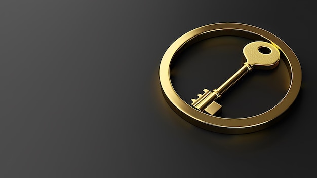 Golden Key in a Circular Frame on a Black Background