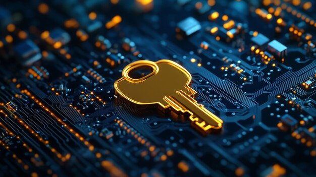 A golden key rests on a circuit board symbolizing access security technology innovation an