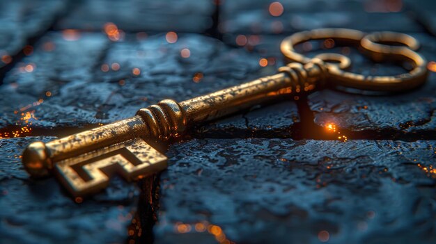 Photo a golden key on a rough stone surface