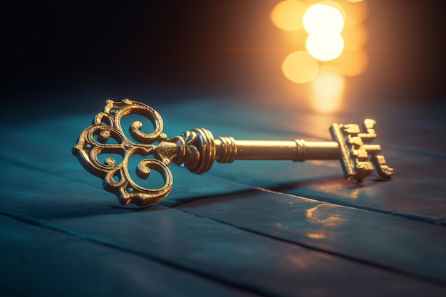 a golden key sitting on top of a wooden table