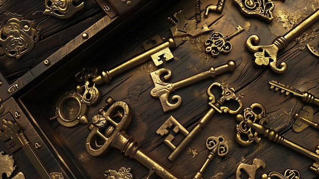 Golden Keys on Antique Wooden Chest